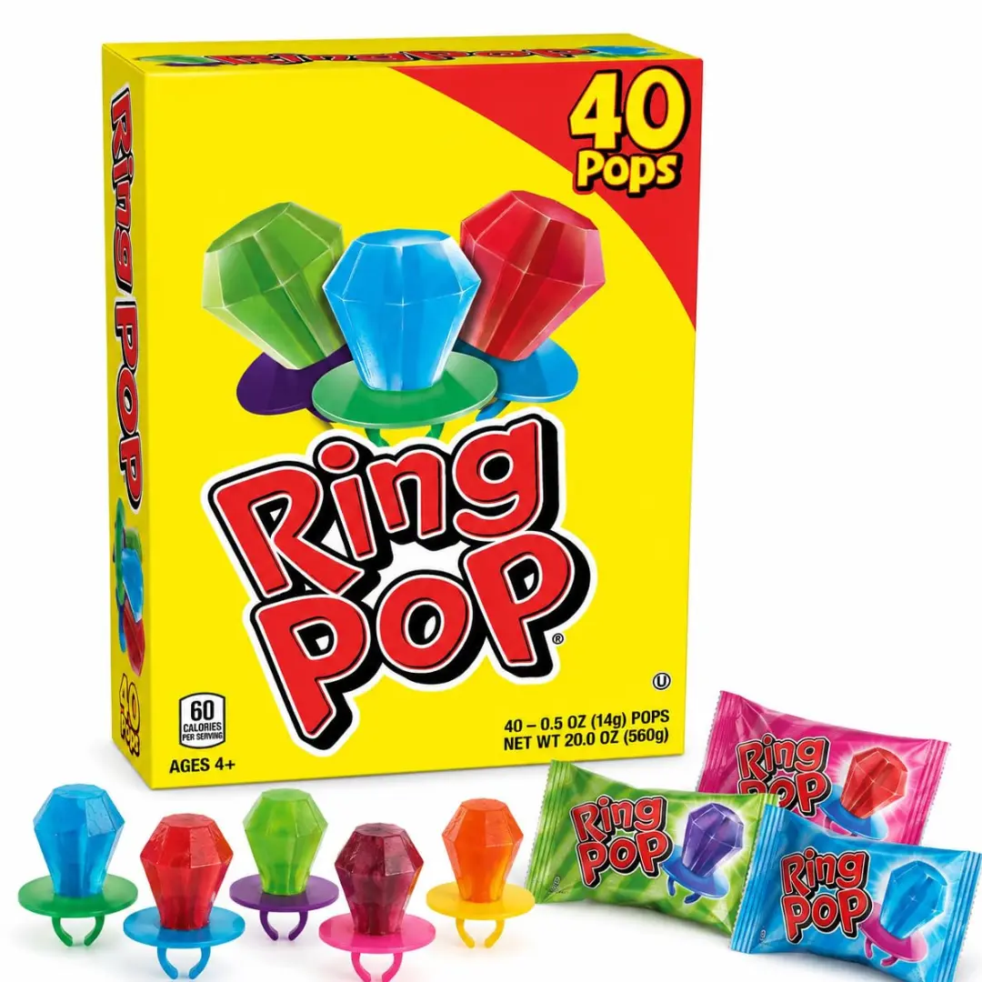Ring Pop Wearable Hard Candy Pops - Assorted Fruity Mix, Sugar Base, 40 Pieces, 0.5oz Each