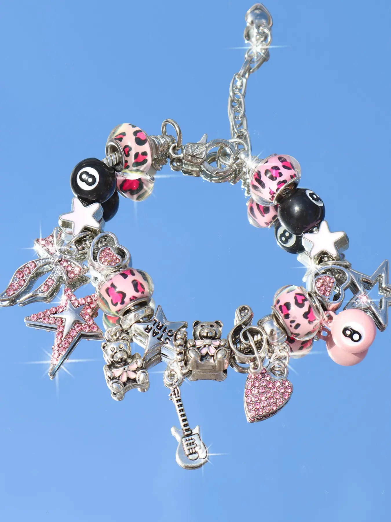 Music Festival Leopard Print Friendship Bracelet, Concert Guitar Hip Hop Bracelet, Stargirl Pool Ball Heart Charm, Retro Love Bracelet, Hand Chain, Charm Bracelets, Handchains