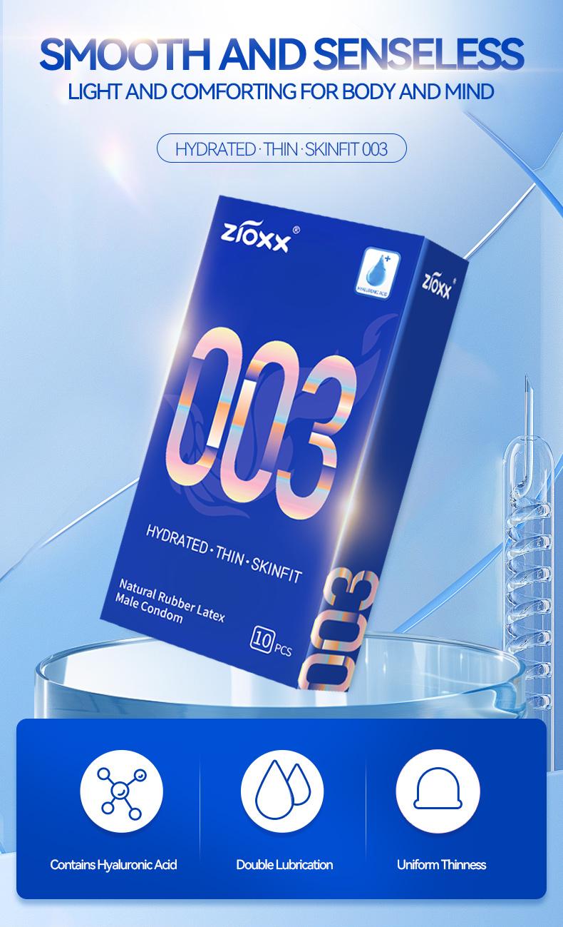 Zioxx 003 Ultra Thin Condoms for Men, Hyaluronic Acid Lubricated, Skinfit Natural Latex, 10 Count