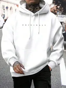 Men's Plus Size Letter Pattern Long Sleeve Loose Hoodie, Casual Drawstring Pullover, Comfortable and Stylish, Perfect for Leisure and Sports