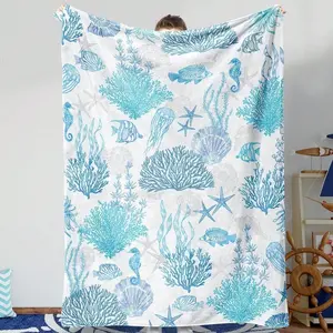 Beach Nautical Coastal Sea Turtle Fish Seahorse Throw Blanket Ocean Themed Fluffy Blanket With Starfish & Seashell Design, Lightweight Soft Flannel Blanket for Summer, Mother's Day Gift, Couch, Bed, Coastal Home Decor