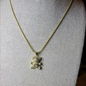 Golden Rhinestone Teddy Bear Pendant & Necklace