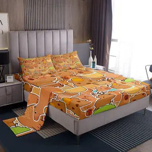 Feelyou Capybara Sheet Set - Orange & Brown Pattern, Breathable Durable Microfiber Soft Bedding Sheet, Decorative Bedsheet Sets for Boy Teens, Capybara Lovers Room Decor