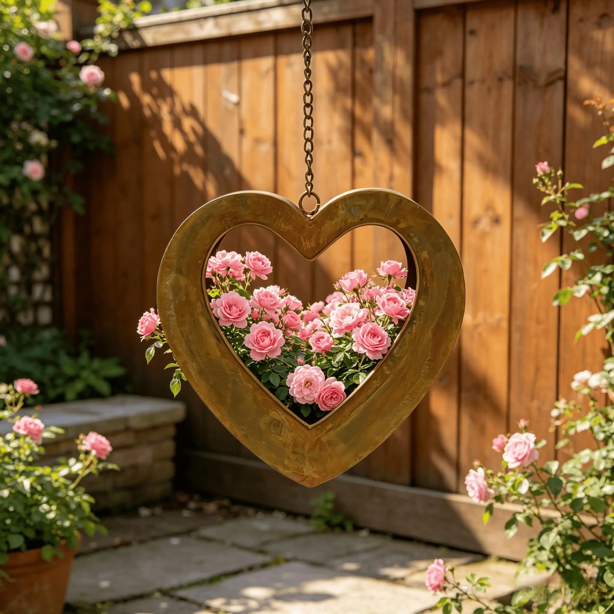 Vintage Heart-Shaped Metal Hanging Planter with Chain, Porch Decor, Outdoor Accessories, Patio Accessories for Indoor Balcony Romantic Wedding Valentine Use