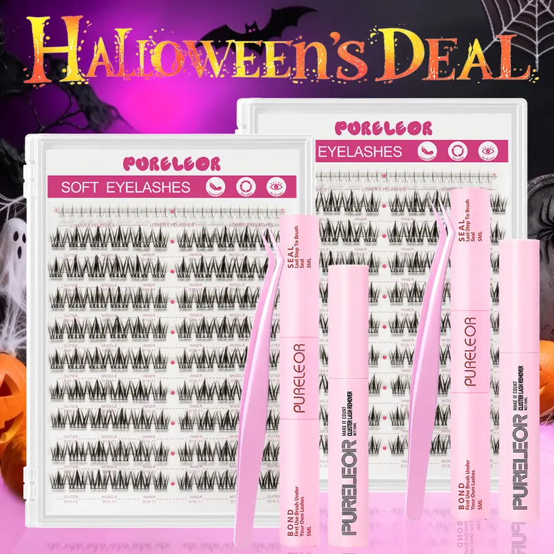 PURELEOR DIY Fake Eyelash Clusters Kit - Beginner-Friendly, Soft Individual Fairy Lashes, Fluffy Volume D-Curl 10-16mm, Bottom Lash Clusters for At-Home Makeup, Beginner False Eyelashes, Beginner False Eyelash