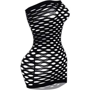 Sexy Womens Strapless Fishnet Lingerie Sleepwear Mini Dress Tube Chemise Bodysuit One Size Womenswear Piece Basic Beige Minimalist