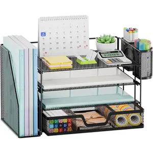 Desk Organizer and Accessories, 4-Tier Paper Letter Tray Organizer with File Holder, Desk Accessories and Workspace Organizers with Drawer and 2 Pen Holders (Black, 15.4" x 9.1" x 8.3")