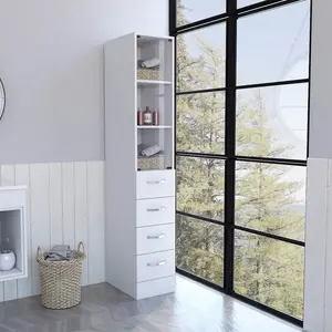 HomeRoots 473310 White Multi-Purpose Compartmentalized Flat-Top Non-Locking Drawers Floor Cabinet, Bathroom Storage Cupboard with Glass Door & Sliding Drawers, Compartmentalized Floor Cabinets, Drawers Floor Cabinets