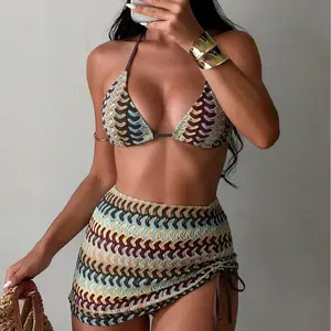 bathing suit women set|Women's Retro Striped Crochet 3-Piece Bikini Set, Halter Triangle Top + Tie-Side Bottom + Drawstring Cover-Up Skirt, Summer Beach Swimsuit Coverup