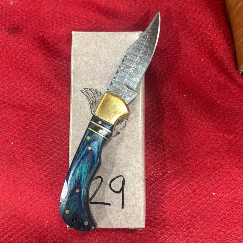 Handforged Damascus Steel Folding Knife with Leather Sheath