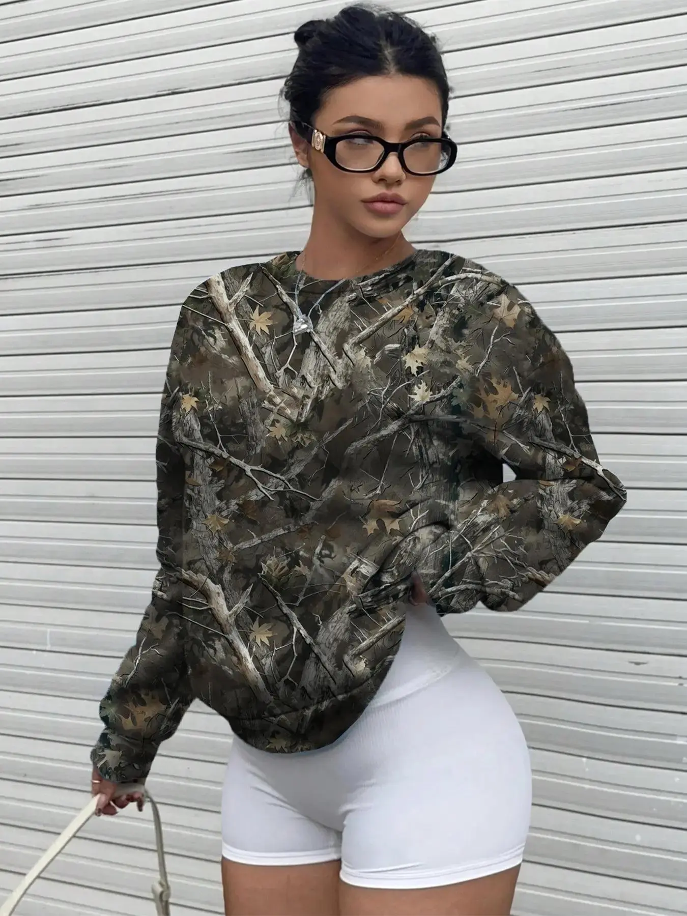 Women's Fashion Camo Print Drop Shoulder Sweatshirt, Camouflage, Casual Long Sleeve Round Neck Sweatshirt for Fall & Winter, Women's Clothes for Daily Wear, Tops