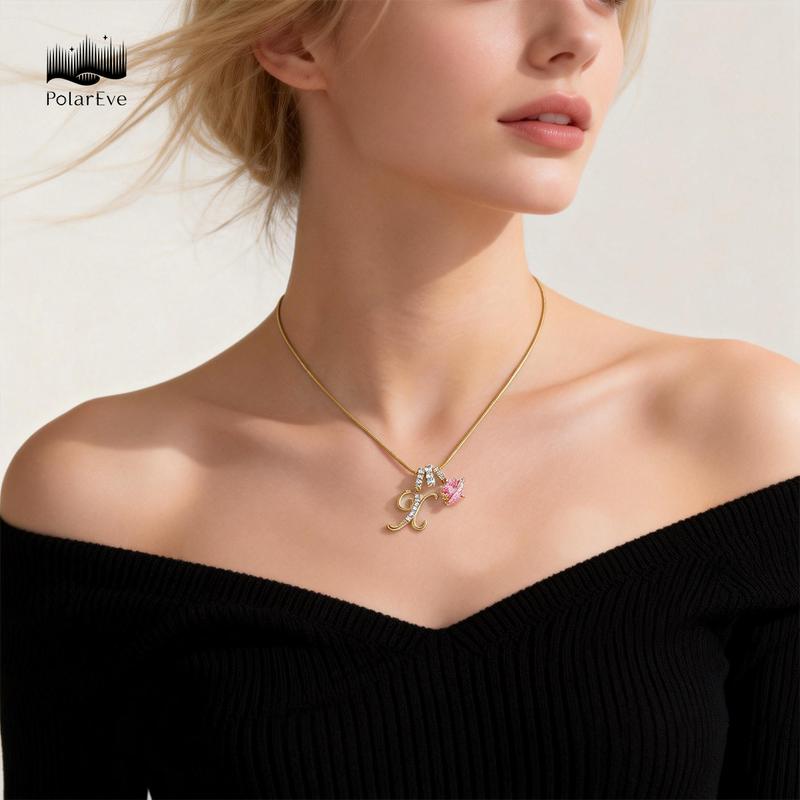 PolarEve 14K Gold Plated 3-Layering Initial A-Z Letter Pendant Necklaces for Women Snake Chain Choker Pink Heart Zircon Adjustable Length Necklace Jewelry