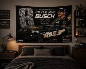 Kyle Busch Memorial Racing Flag, Rebel Bourbon #8 NASCAR Tribute Banner, Legend Forever Wall Decor Gift