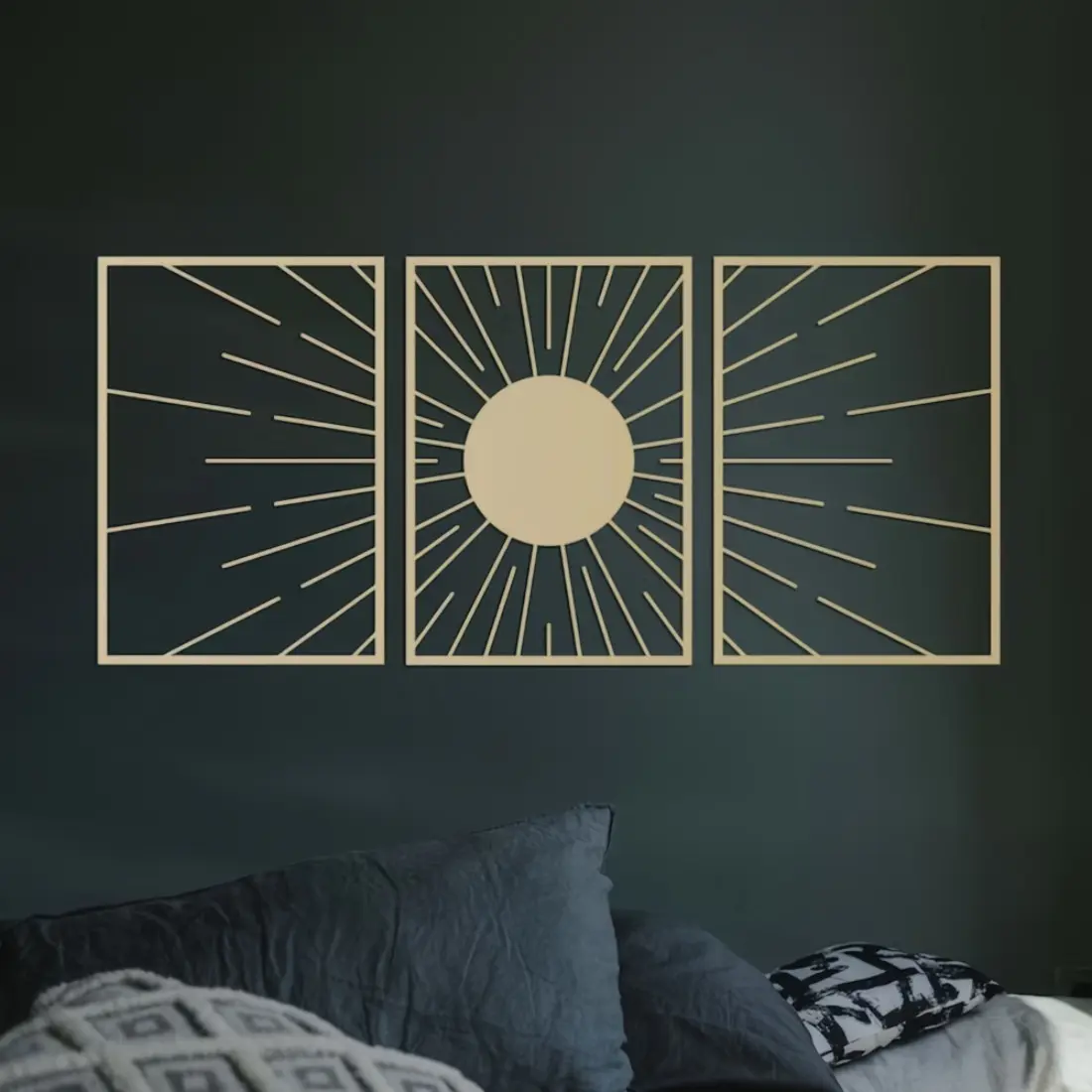 Framed SUN Wall Artwork. Abstract Design Sun Wall Ornament. Gold Metal Wall Decoration Trio. Set of Three Gold Wall Arts. Bedside Decor. Sofa-top Decoration. Modern Home Decor