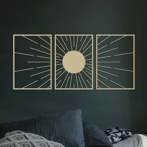 Framed SUN Wall Artwork. Abstract Sun Wall Ornament. Gold Metal Wall Decoration Trio. Set of Three Gold Wall Arts. Bedside Decor. Sofa-top Decoration. Modern Home Decor