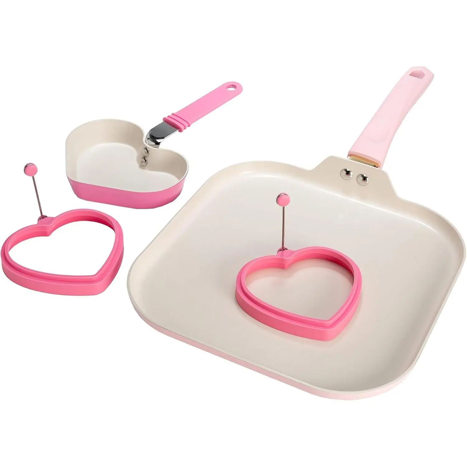 4-Piece Nonstick Ceramic Breakfast Kitchenware Set - Square Griddle, Mini Heart-Shaped Fry Pan, 2 Silicone Egg Rings for Heart-Shaped Eggs, Pink Handles, Cookware, Heart Shape