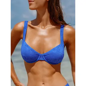 BERLOOK Blue Floral Textured Underwire Bikini Top, Women's Swimsuits Bikinis for Sports & Outdoor Activities, Bikini Swimwear, Textured Bikini Sets