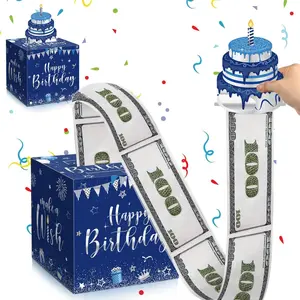 Birthday Money Box for Cash Pull Happy Birthday Money Pull Box with Greeting Card and Transparent Bags Blue DIY Surprise Cash Gift Holder for Women Men Party Supplies