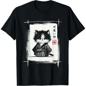 Samurai Cat Japanese Art Sumi-e Novelty Kawaii Funny Cat T-Shirt graphic tees Men's Cotton Casual T-Shirts men gifts shirts men