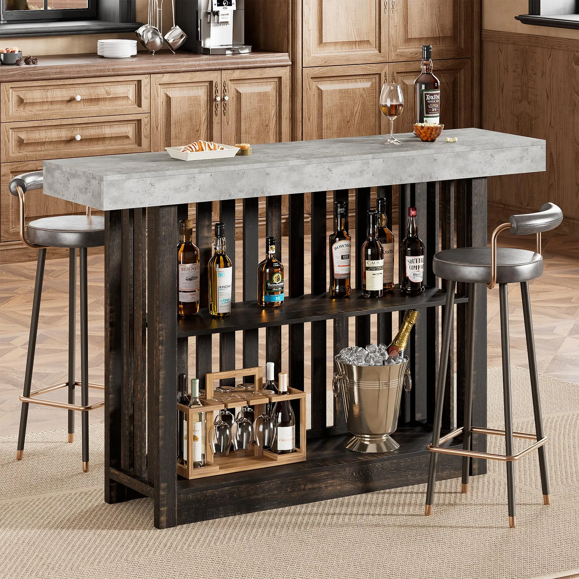 63" Bar Table with Storage Shelves, Counter Height Pub Table & Narrow Coffee Bar Unit for Dining Room, Bistro & Living Room