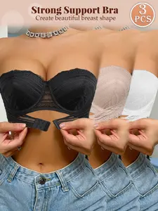 MIMILEMON Women's 3PCS Strapless Lace Underwire Bra Set - Front Closure, Push-Up & Gather, Non-Slip Strong Support, Full Shaping, Breathable Fabric, Elegant Comfortable Basic Bra for Day Wear, Wedding & Backless Outfits