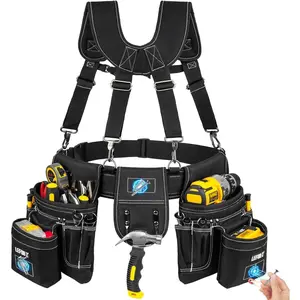 Tool Belt with Suspenders,27-Pockets Heavy Duty Tool Belts for Men with  Tool Pouch,Detachable & Adjustable Work Belt Bag for Electrician,Carpenter,Construction,Utility Toolbelt,Black