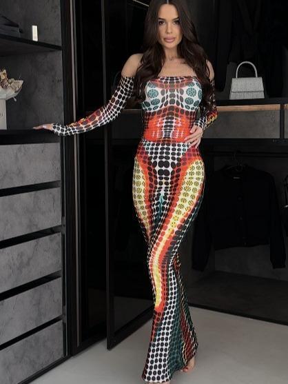 Off-shoulder Printed bodycon Dress Casual Comfort Womenswear Lady Casual Long Sleeve Maxi DRESS