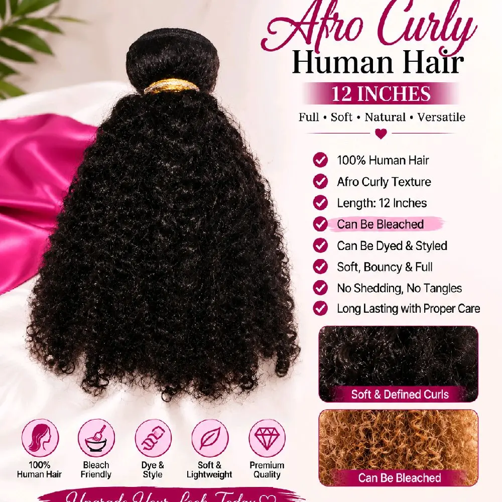 Afro Curly Human Hair Bundles, 12in Black High-Quality Hair, can be dyed, Bleached, Long-Lasting with Proper Care 1 bundle per pack