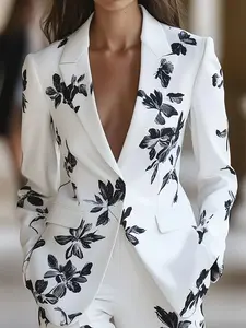 Women's Bold Floral Print Lapel Wrap Fitted Elegant Commuter Long Sleeve Blazer Jacket, Stylish Office Wear, Formal Workwear, Comfortable and Chic Design, Spring, Statement