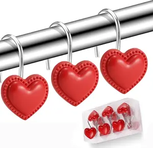 Heart Shaped Shower Curtain Hooks 12 Pieces Valentines Day Decorative Stainless Steel Rust Resistant Red Graffiti Rings for Bathroom