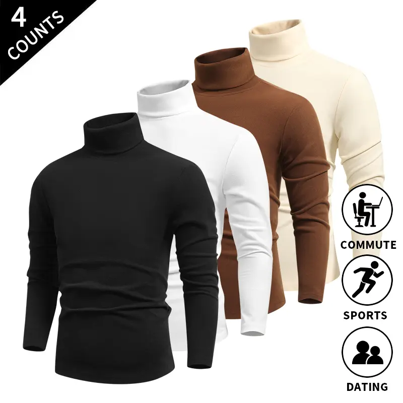 Men's 2-Pack Plain Knitwear High-Neck Base Layer Long Sleeve Slim-Fit Tops - Menswear for Sports, Workouts (Black, White, Coffee Brown, Apricot)
