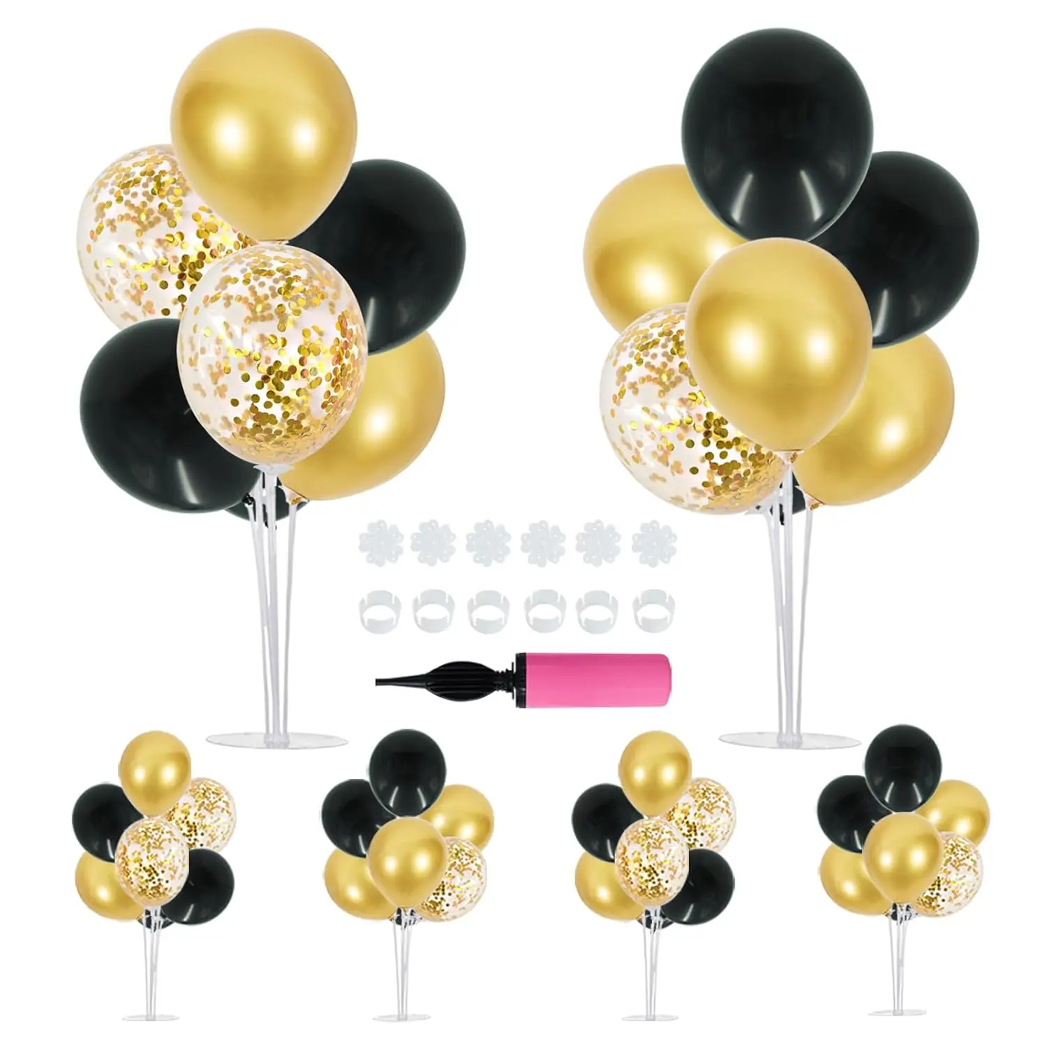 6-Pack Black and Gold Balloon Table Centerpiece Kit – Confetti Balloon Stands for Graduation 2025, Birthday, Anniversary, New Year, and Event Decor