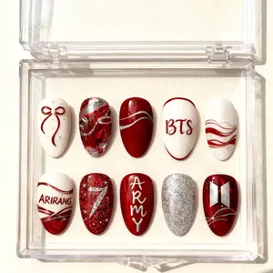 Arirang Inspired Press On False Nails, 2026 Comeback Official Art Design, 3D Silver Accents, Red & White K-pop Themed Nail Art Accessories