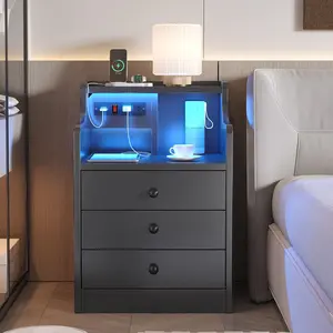 Sikaic Modern Minimal LED Nightstand Bedside with RGB Lights 3 Drawers Charging Station 2 USB Ports 2 AC Outlets Bedroom Furniture