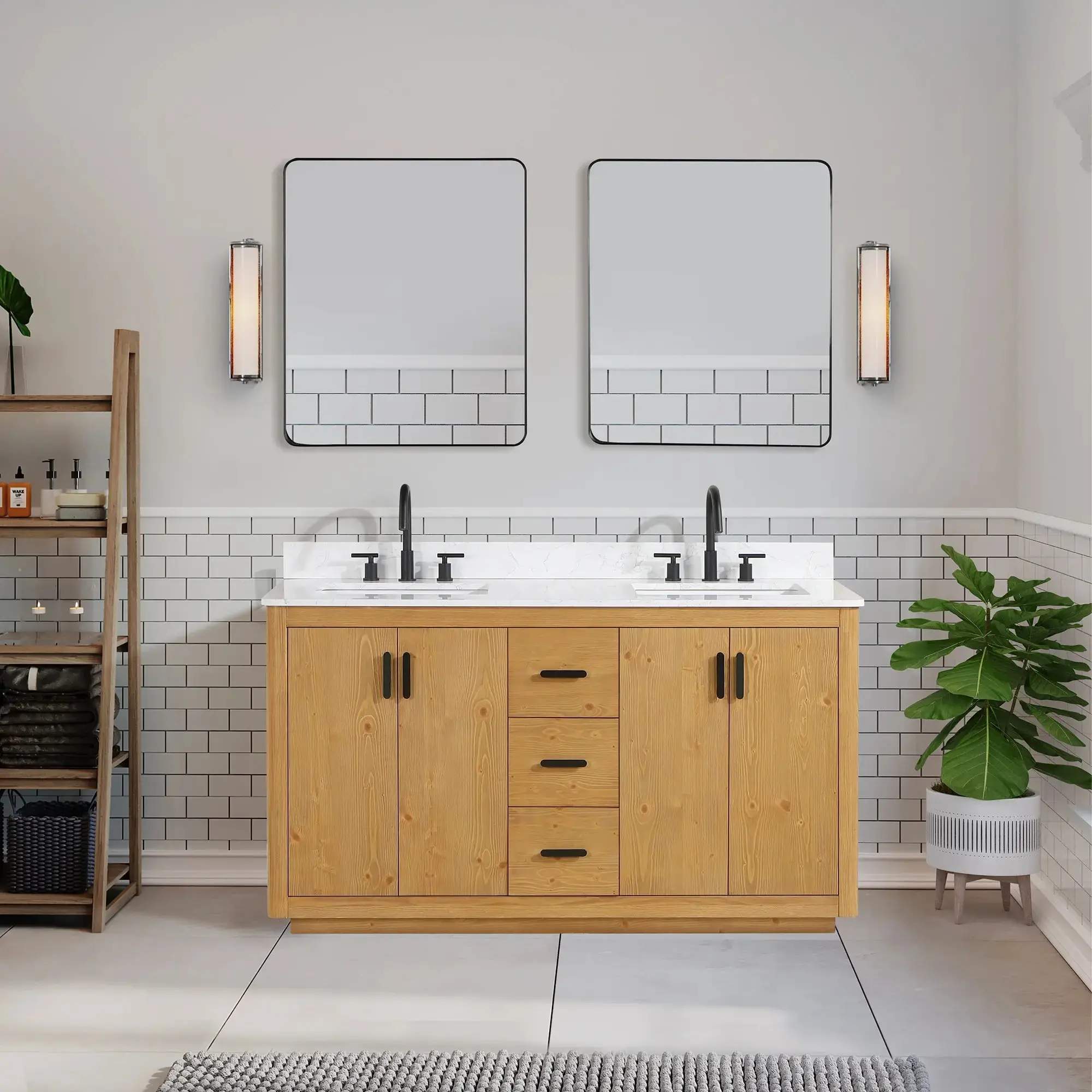 Altair Design Perla 60" Double Bathroom Vanity in Natural Wood with Grain White Composite Stone Countertop
