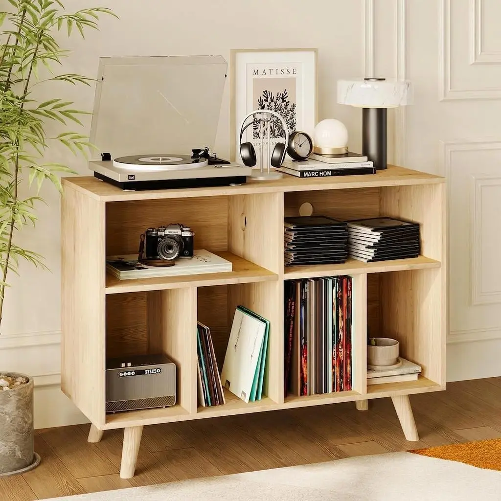 Summervibes Flash sale home items Large 39.5" Record Player Stand with Charging Station – Holds 350+ Vinyl Albums – Modern Engineered Wood Turntable Cabinet with Open Shelves – Entertainment Furniture for Living Room