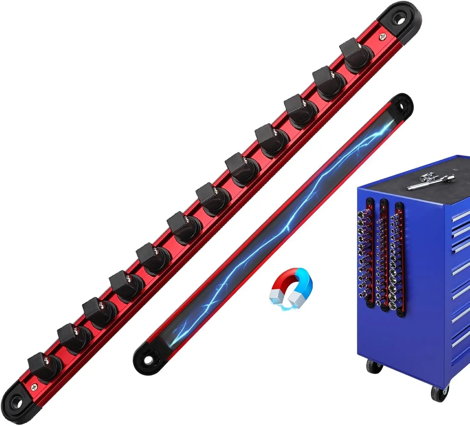1/2-Inch Magnetic Socket Organizer Rail, Aluminum Alloy Socket Rail, Heavy Duty Sockets Holder with 12 Clips, 360° Swivel Clip Tool Tray, Sockets Organizer for Tool Box Drawer (Red)