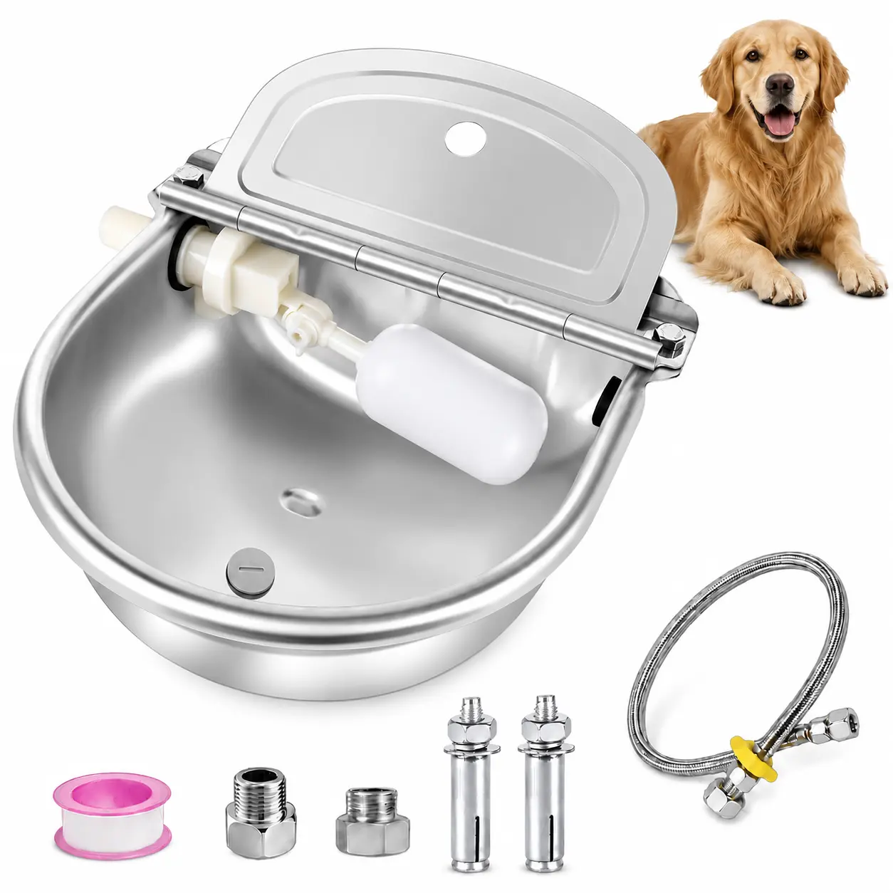 Automatic Livestock Pet Water Bowl, Stainless Steel Float Valve Waterer, 2.5L Auto Refill Drinking Bowl for Horses, Goats & Cattle