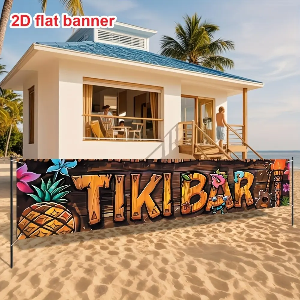 Polyester Fiber Tiki Bar Banner, Decorative Banner, Tropical Hawaii Beach Party Decor, Outdoor Hanging Sign, 200cm X 45cm, Home Decor, Garden, Balcony, Decorating