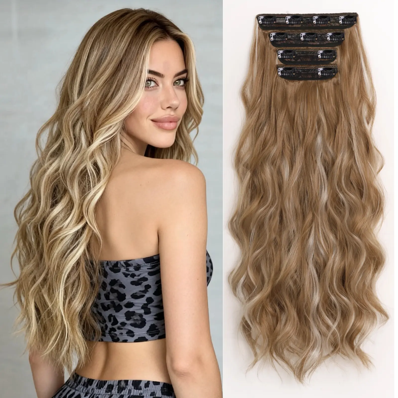 Women's 24-Inch Clip-In Synthetic Hair Extensions, 4Pcs Heat-Resistant Triple Weft Long Wavy Hairpieces, Natural Invisible Volume Dirty Blonde Highlights
