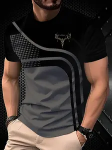 Men's T-Shirt with Geometric Pattern and Deer Head Design, Casual Street Style, Short Sleeve, Slim Fit, Streetwear, Perfect for Work Pants and Jeans