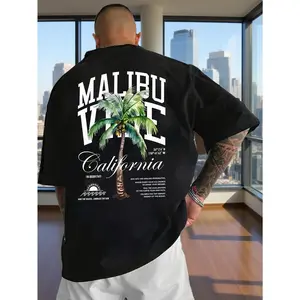 Men's Summer Short Sleeve T-Shirt - Breathable Regular Fit with Malibu California Palm Tree & Bold Letter Print, Casual Beachwear for Outdoor Activities, Comfortable Breathability