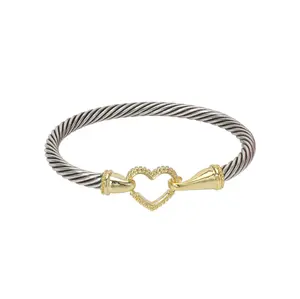 Mytys Cable Bracelets for Women Two Tone - Heart Hook Cable Bangle Bracelet Twisted Silver Wire - Gold Hook Heart Vintage Mixed Metal Cable Bracelets Jewelry Gift