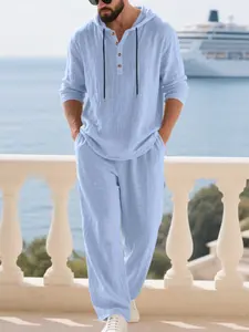 Men's Linen Casual Set, Spring & Fall Fashion, Loose Hooded Henry Shirt Long Sleeve Pants, Natural Waist Regular Fit Blouse