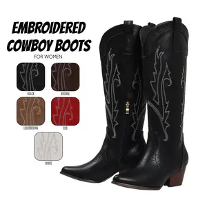 Cowboy Boots for Womens Bold Embroidered Cowgirl Boot Pointed Toe Chunky Block Heel Side Zipper Comfy Wide Calf Easy Pull On Vintage Western Charm Retro Charm Party Country Wedding Festivals Rodeos Riding Work Casual Knee High Long Tall Dressy Shoes