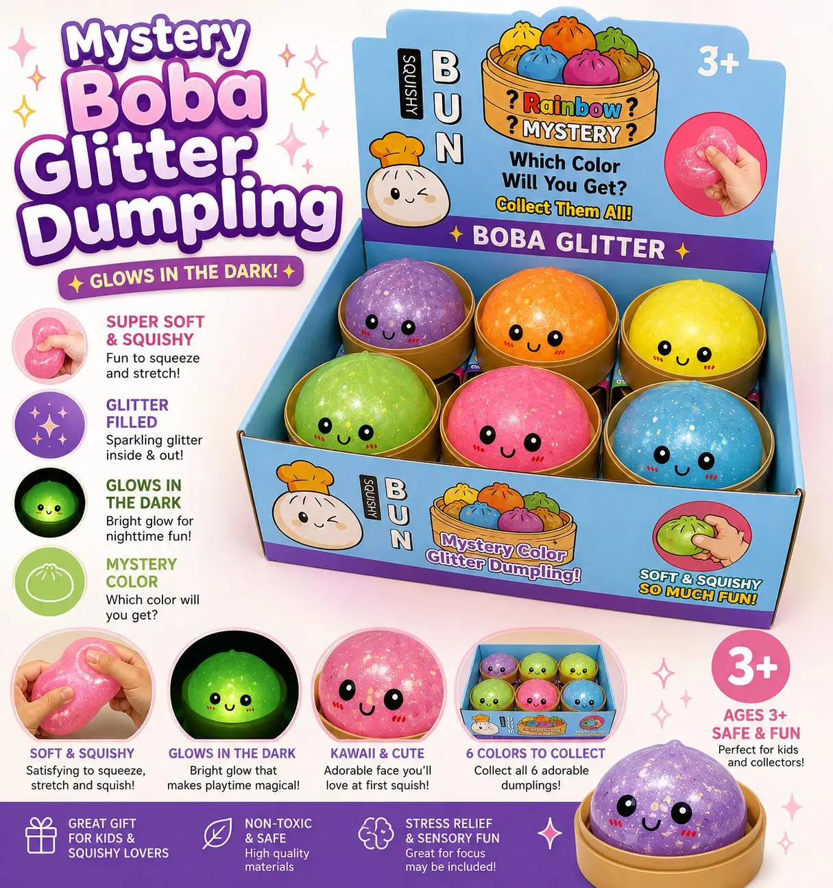 Boba Glitter Dumpling Squishy – Mystery Color | Glow in the Dark | Jelly Bead Filled | Super Soft Kawaii Fidget Toy