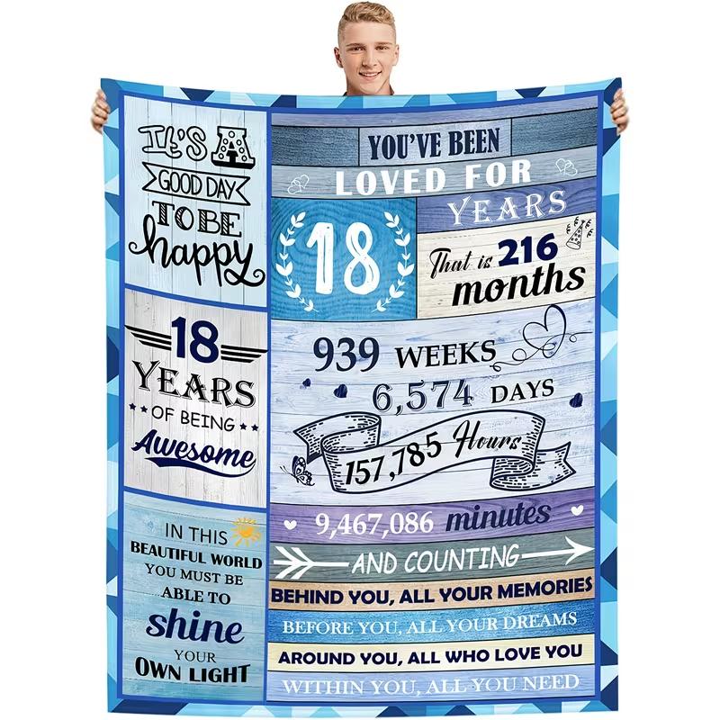 Soft Flannel Blanket 1pc Blue 18th Birthday Gift Nap Throw Sofa Bed Blanket 60"x50" Throw Size Perfect for Boys Girls Teens Travel Nap
