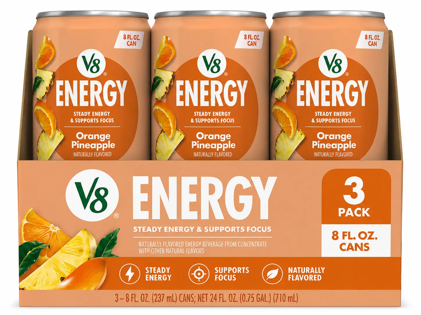 V8 Energy Orange Pineapple Energy Drink, 8 fl oz Cans, 3 Pack – Naturally Flavored