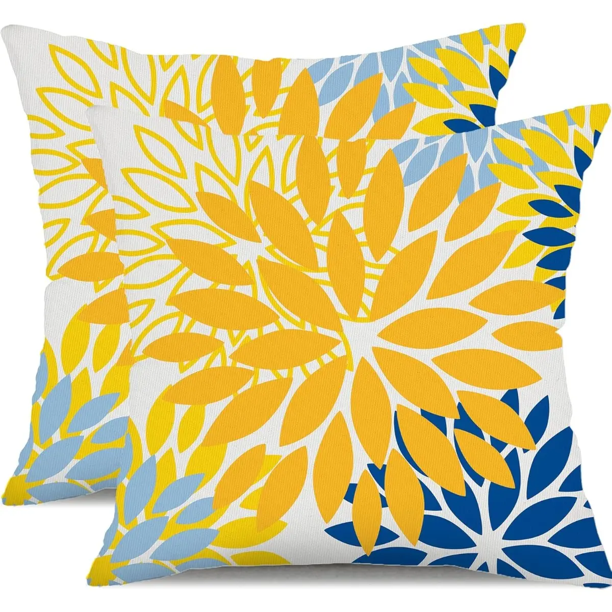 Set of 2 | 18x18 Inch Double Sided Print Throw Pillow Covers, Vibrant Yellow & Navy Dahlia Floral Cushion Cases, Clean White Base Geometric Flower Sofa Patio Home Decor, Bright Housewarming Gift For Coastal & Boho Home Decor Enthusiasts