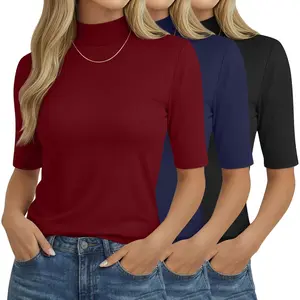 Pack Women's Mock Neck Tshirts Half Sleeve Turtleneck Tops Loose Fit Dressy Casual Tunic Shirts Summer Basic Tees